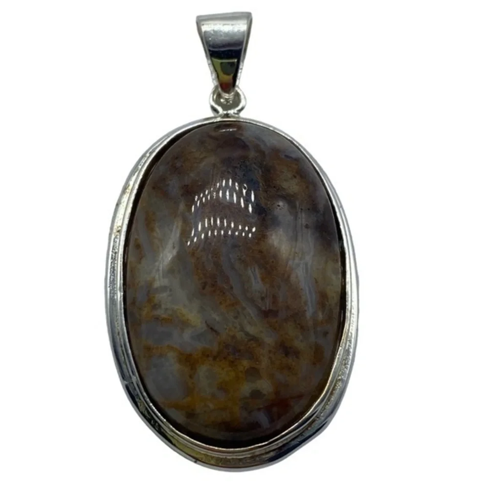 Mexican Agate Gemstone Sterling Silver 925 Pendant 2in